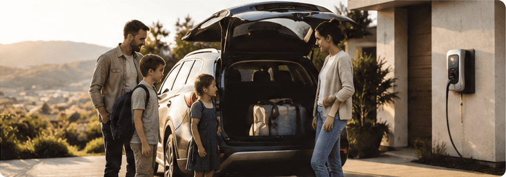 Family near a vehicle at home with charging access.