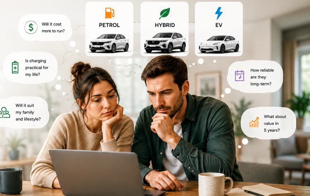 Australian vehicle buyers comparing petrol, hybrid and EV options before choosing a direction