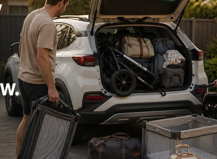 Australian parent checking whether prams, baby gear and luggage fit into a family vehicle